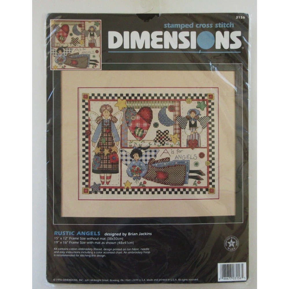 New Dimensions 3156 Rustic Angels Stamped Cross Stitch Kit Hearts Stars Jackins